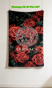 Versace Red Rose Medusa Greek Key Logo Printed Flannel Throw Blanket IMG_1284